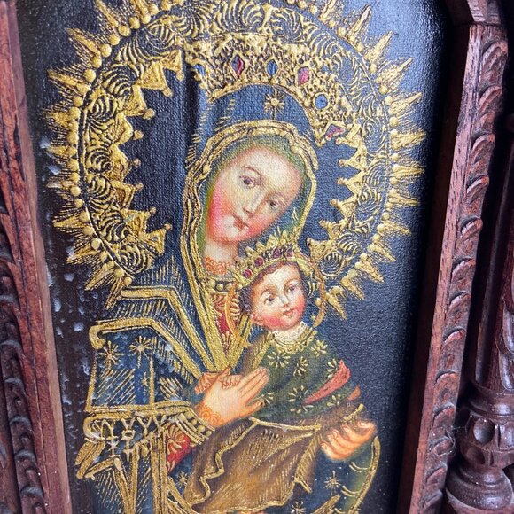 Vintage Religious Old Icona Virgin Mary & Baby Jesus Framed Picture - Picture 5 of 16